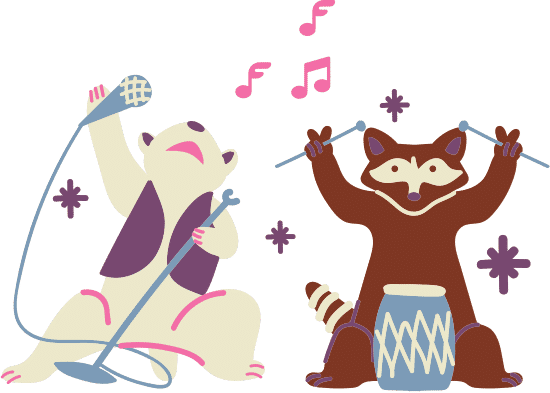 racoon and polar bear party singing illustration