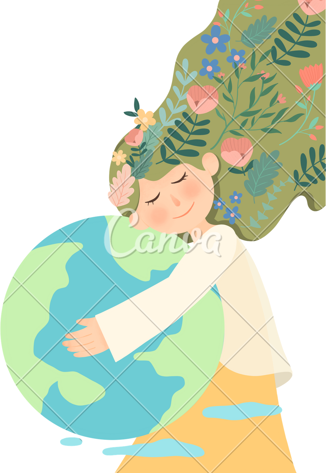 插画洗澡保护环境彩色绿手绘插画地球日爱护地球人物