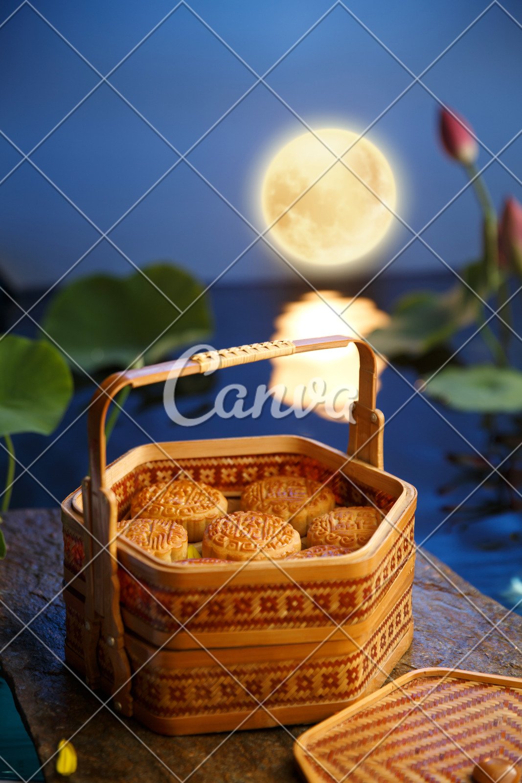 月亮小吃石头荷花礼盒中秋节传统文化荷叶月饼甜点图片