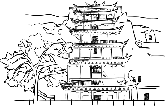 中国写实速写线描特色建筑插画元素莫高窟