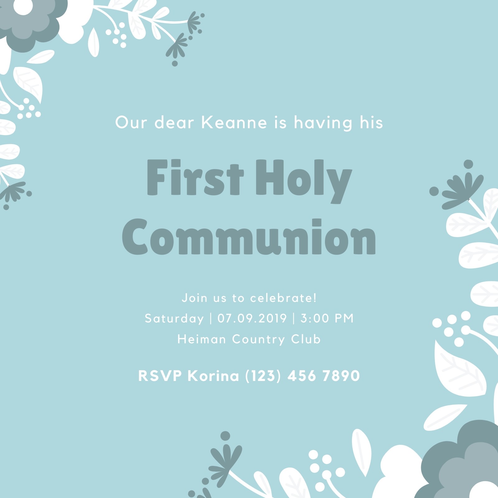 illustrated floral pattern first communion invitation英文邀請函