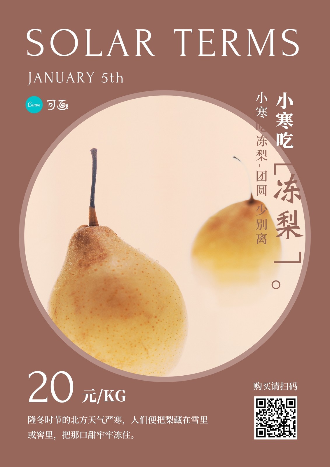 褐黄色冻梨小寒节气创意中文海报