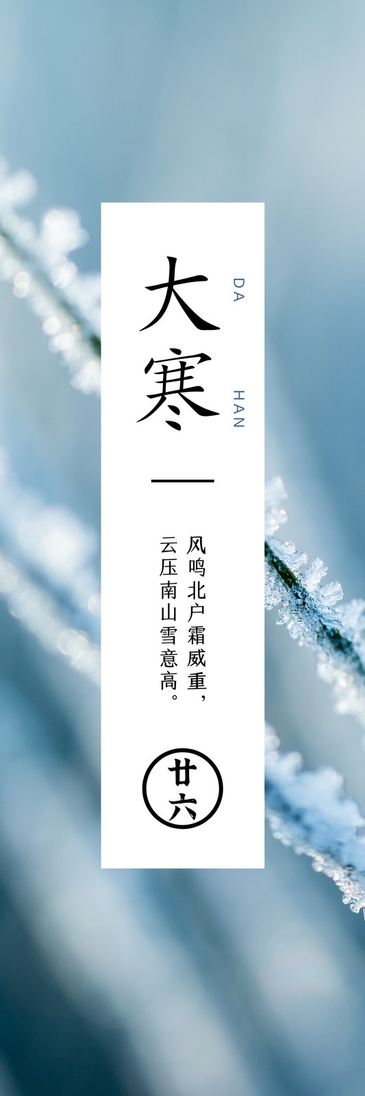 蓝白色树枝冰霜大寒节气照片中文书签