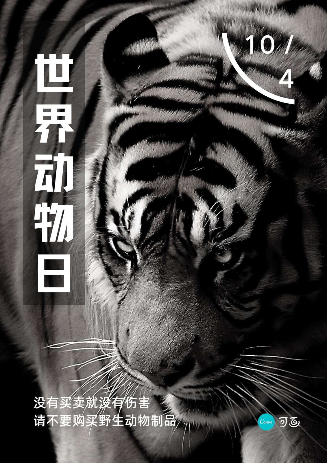 黑白色世界动物日老虎简约节日公益中文海报