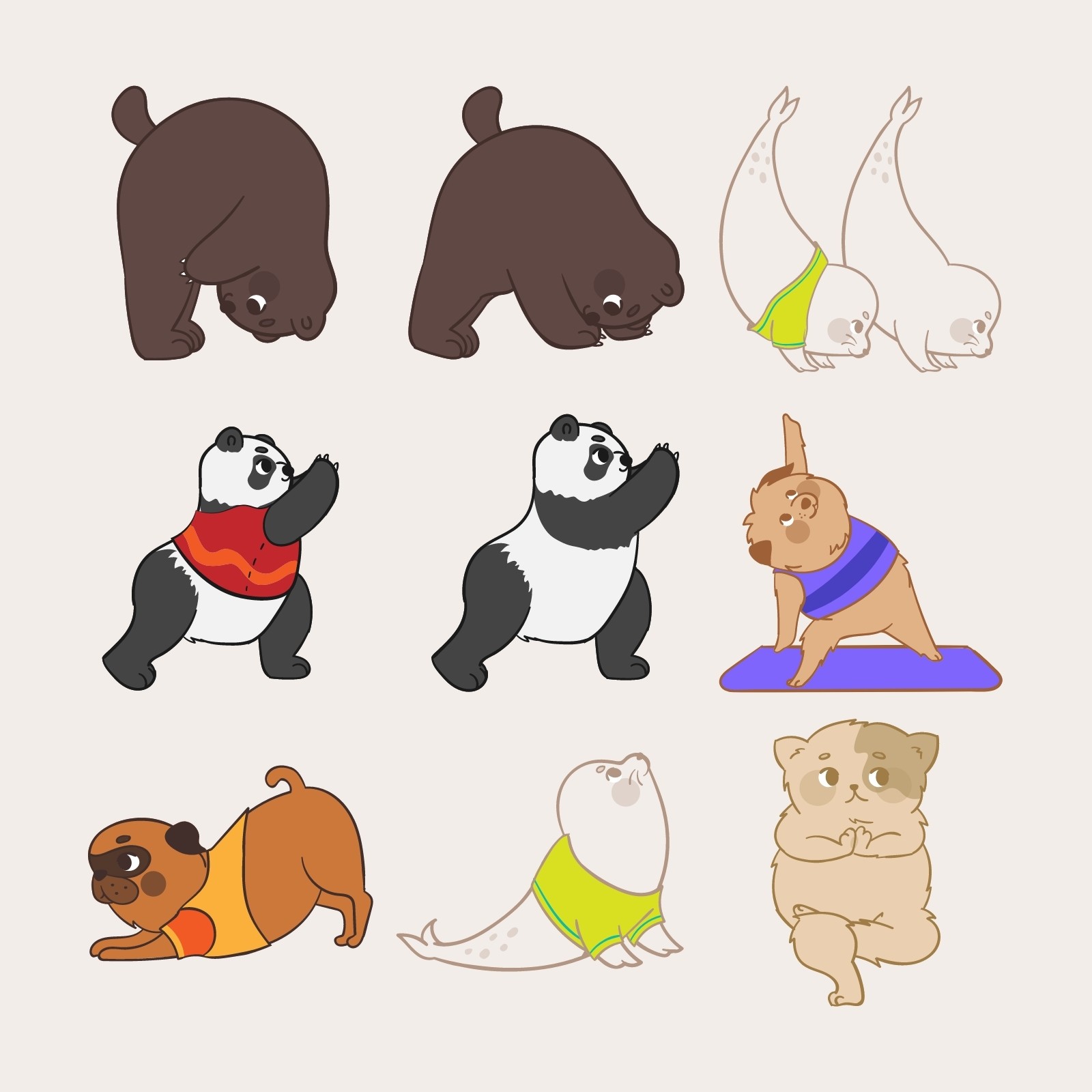 做瑜伽的动物手绘卡通插画元素