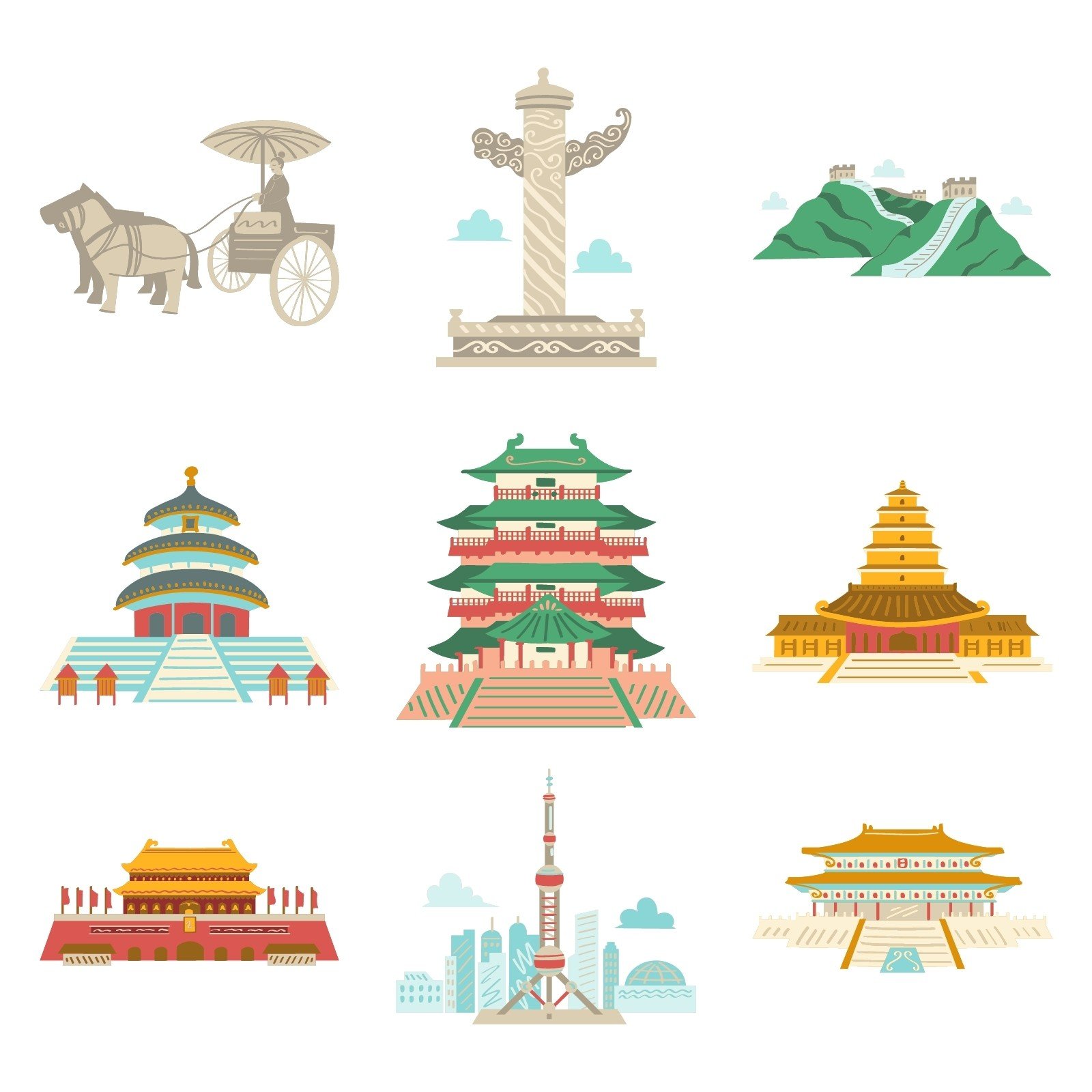中国地标建筑手绘插画元素
