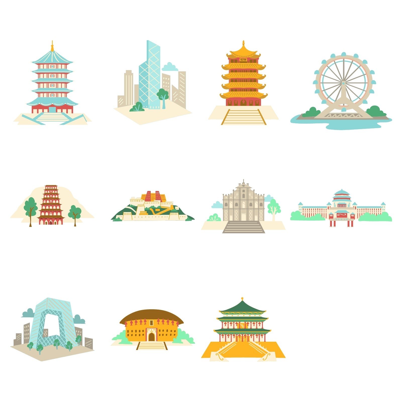 中国地标建筑手绘插画元素