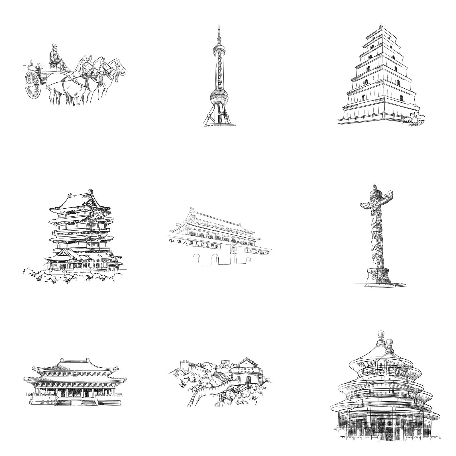 中国写实速写线描特色建筑插画元素