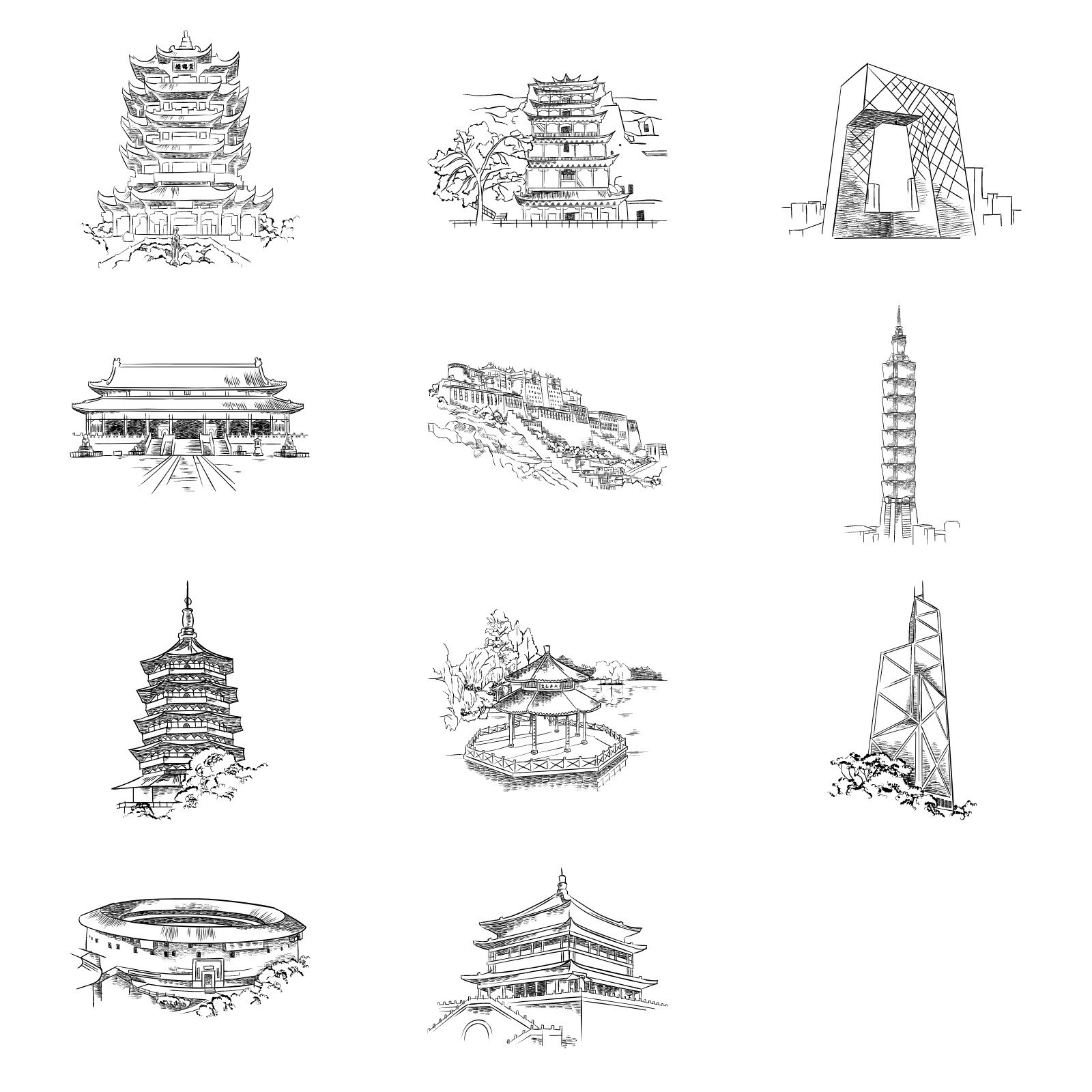 中国建筑手绘简单图片