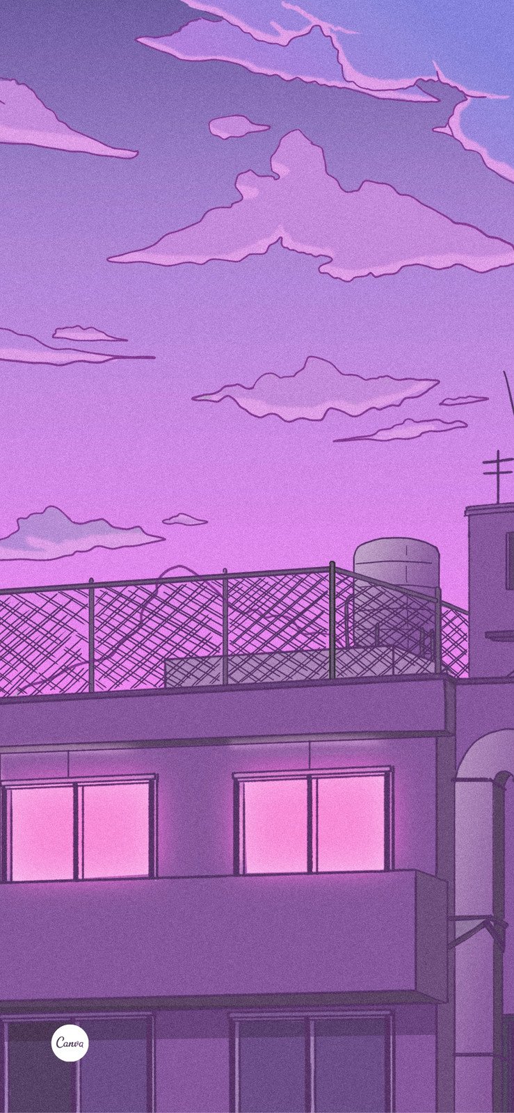 紫色日式插画背景屋顶渐变云彩手绘分享新手机壁纸 模板 Canva可画