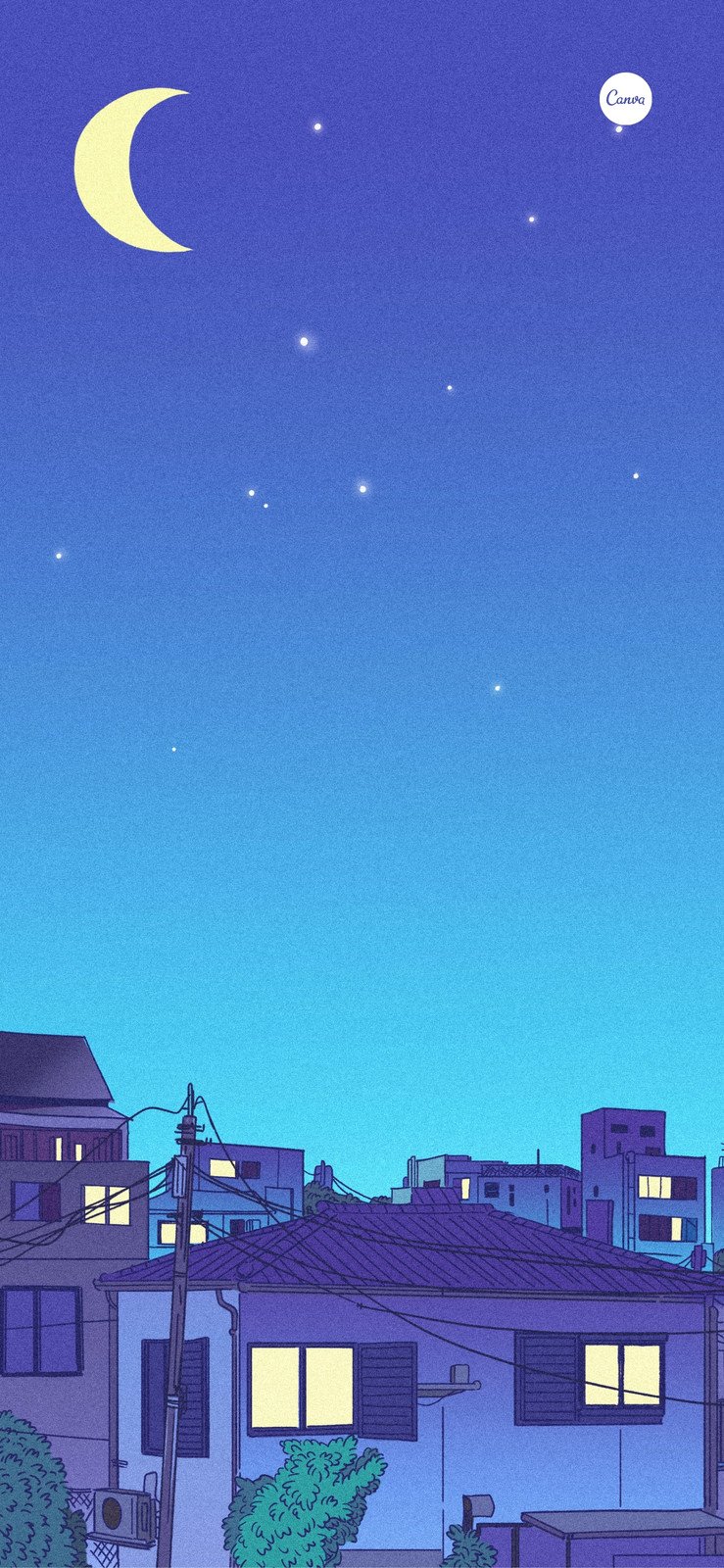 蓝紫色日式插画背景房屋夜景手绘分享新手机壁纸 模板 Canva可画