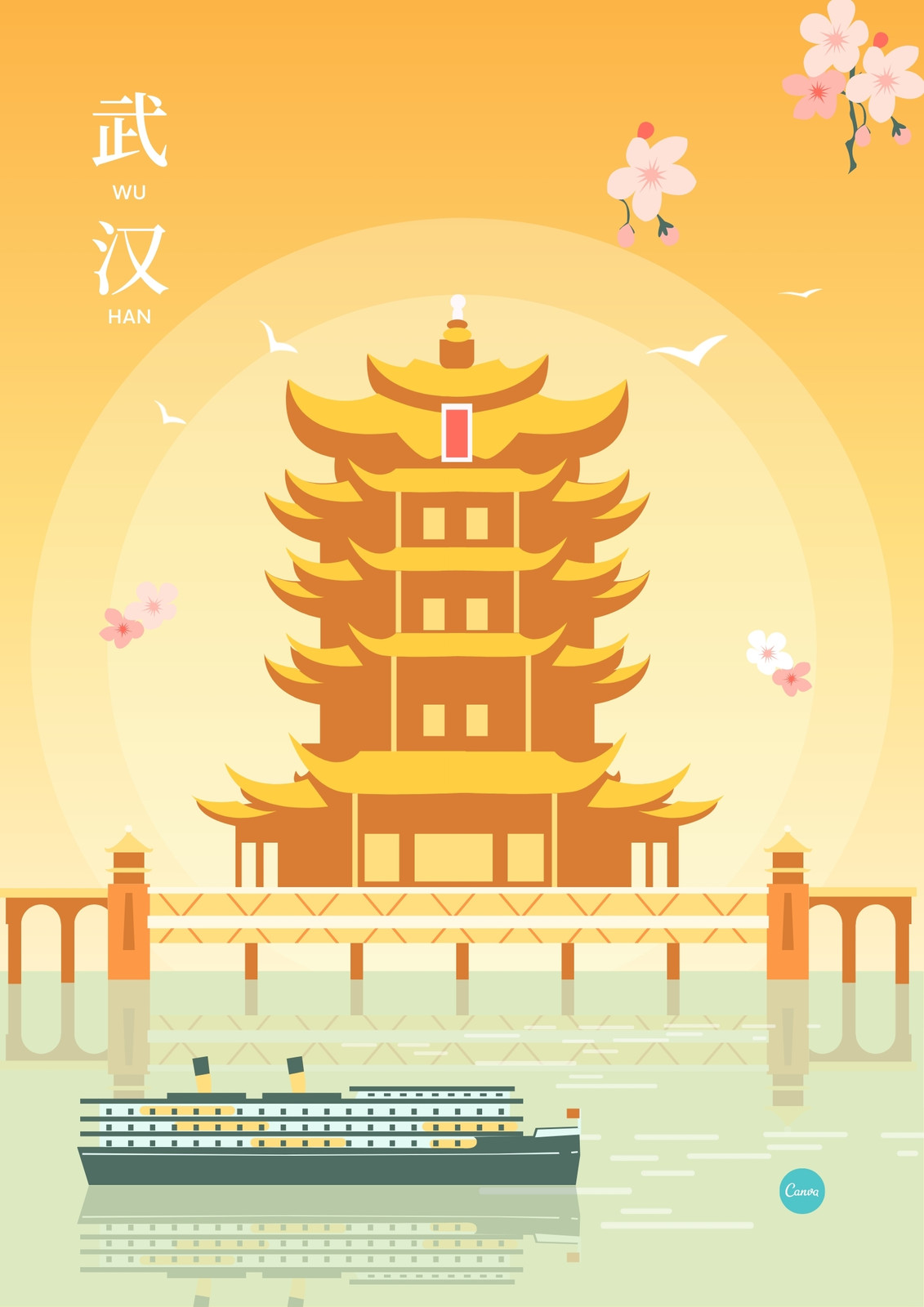 黄橙色中国城市矢量扁平风插画武汉矢量城市系列文化宣传中文海报