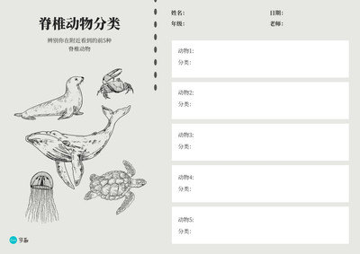 灰白色手绘动物插图脊椎动物分类表简洁交流中文图表 模板 Canva可画