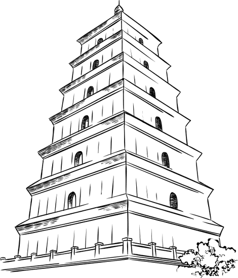 中国写实速写线描特色建筑插画元素塔