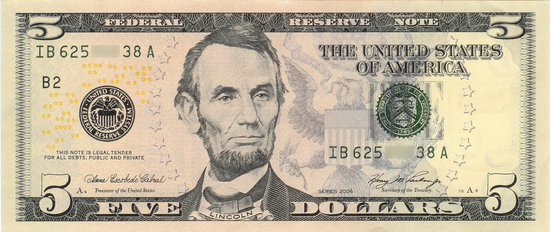 5美元钞票 5 us dollar banknote
