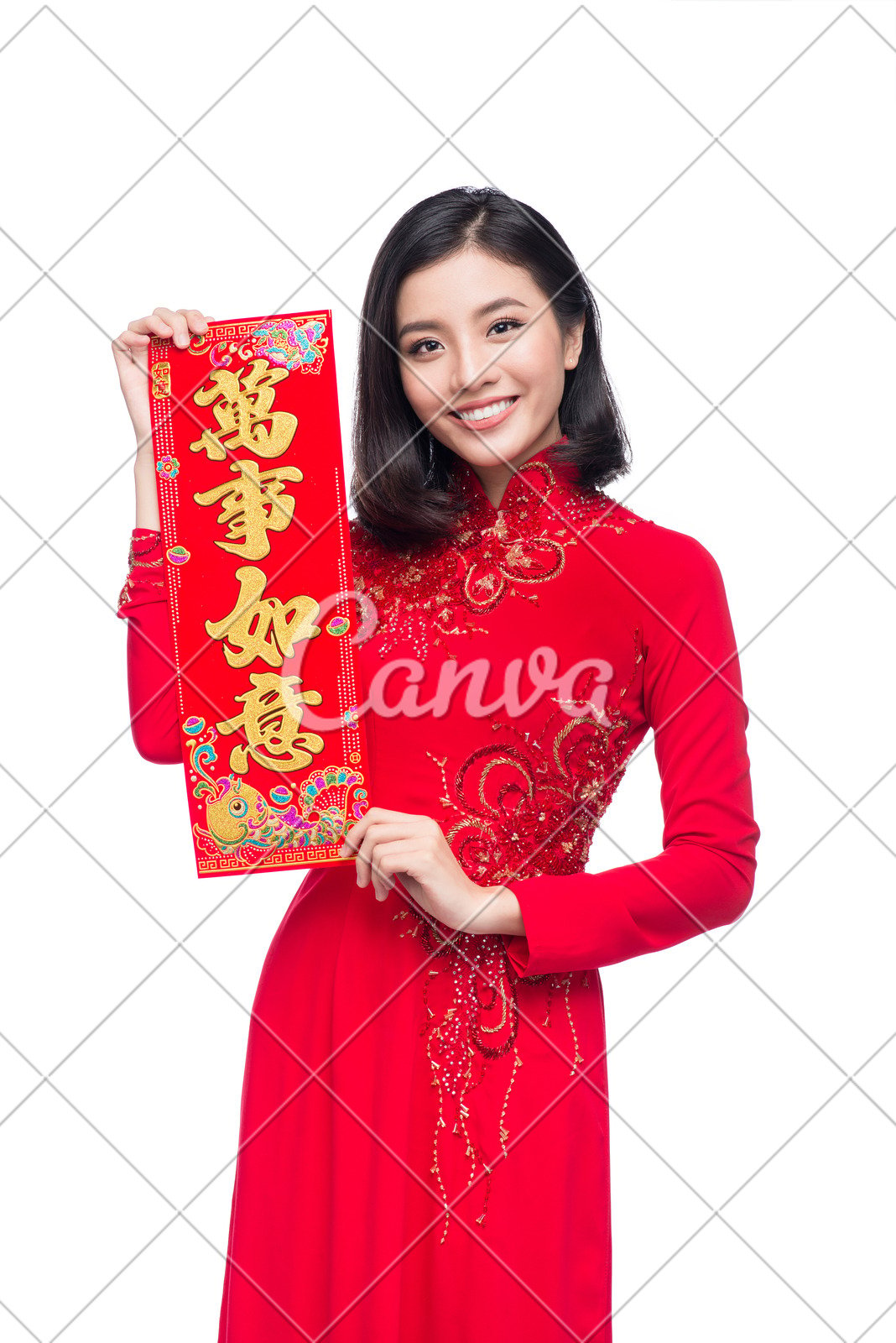 春节快乐衣服旗袍微笑庆祝东问候亚洲人传统服装图片
