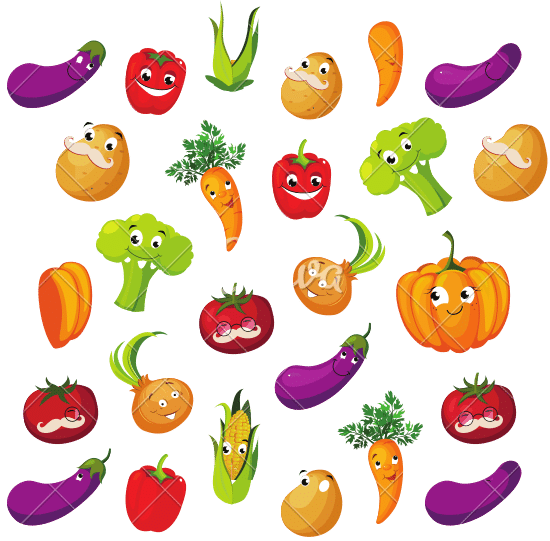cute funny vegetables seamless pattern, potato, broccoli, tomato