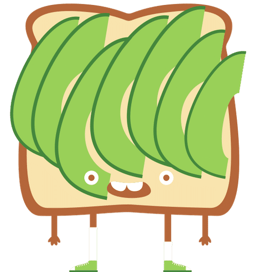 smiling brown and green avocado toast cartoon character wearing